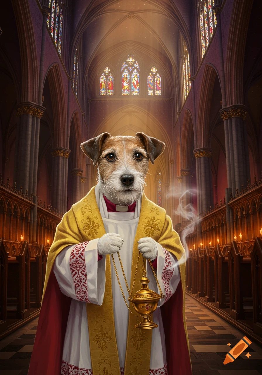 A distinguished Jack Russell terrier dressed as a priest, holding a smoking thurible in a grand cathedral with stained glass windows.