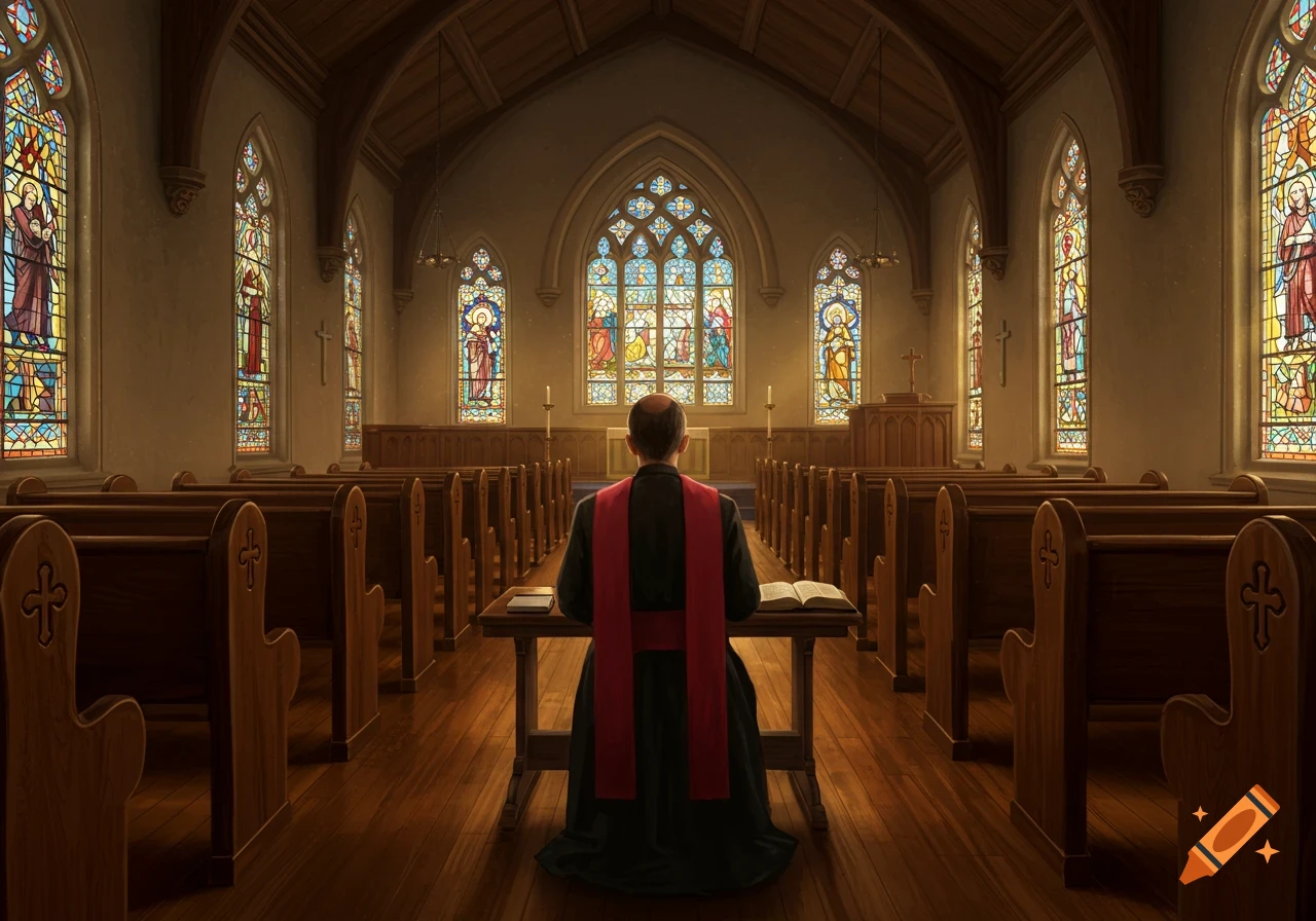 A person in religious robes kneels at a table in a grand church with stained glass windows and wooden pews.
