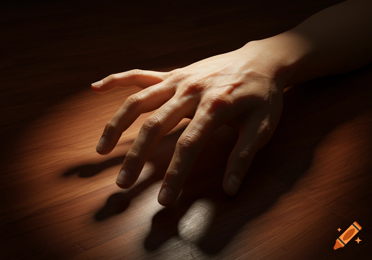 Close-up photorealistic image of a human hand with five fingers, reaching out on a wooden surface, with dramatic shadow.