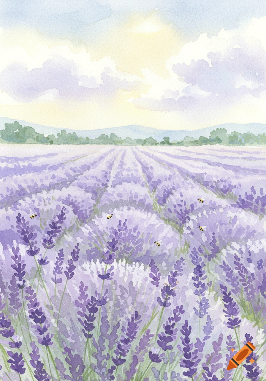 Watercolor painting of a vast lavender field under a bright, cloudy sky with small bees flying over the blossoms.