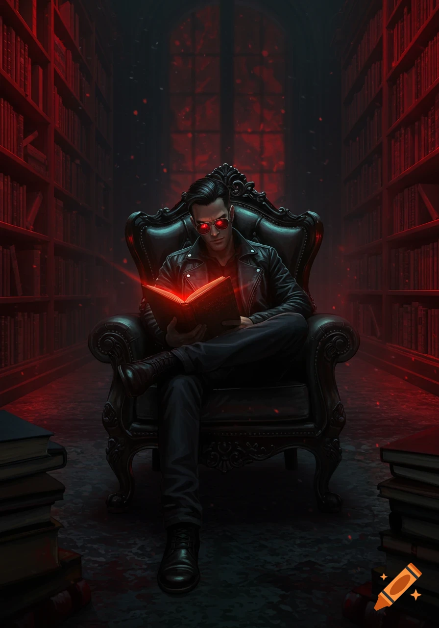 A man in a leather jacket and sunglasses with glowing red eyes sits in a dark, red-lit library, reading a glowing red book.