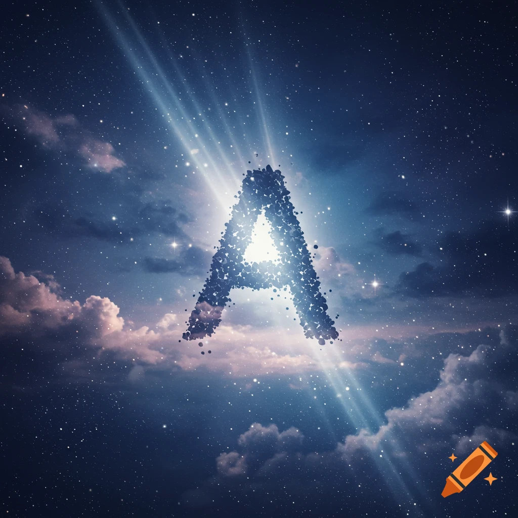 Glowing, particle-formed letter A in a starry night sky with clouds and light rays.