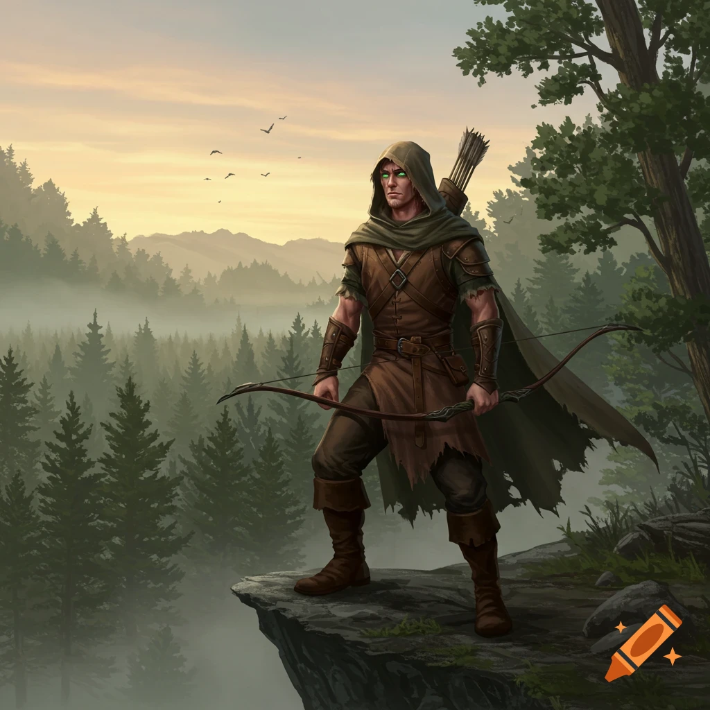 A male fantasy ranger with a bow stands on a cliff overlooking a misty forest at sunrise, green eyes glowing.