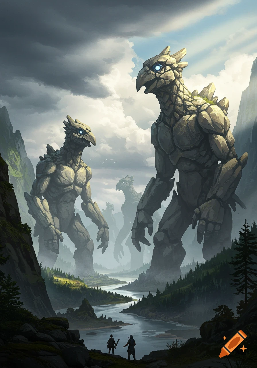 Giant, bird-like rock monsters stand in a misty mountain valley with a river, observed by two small human figures.