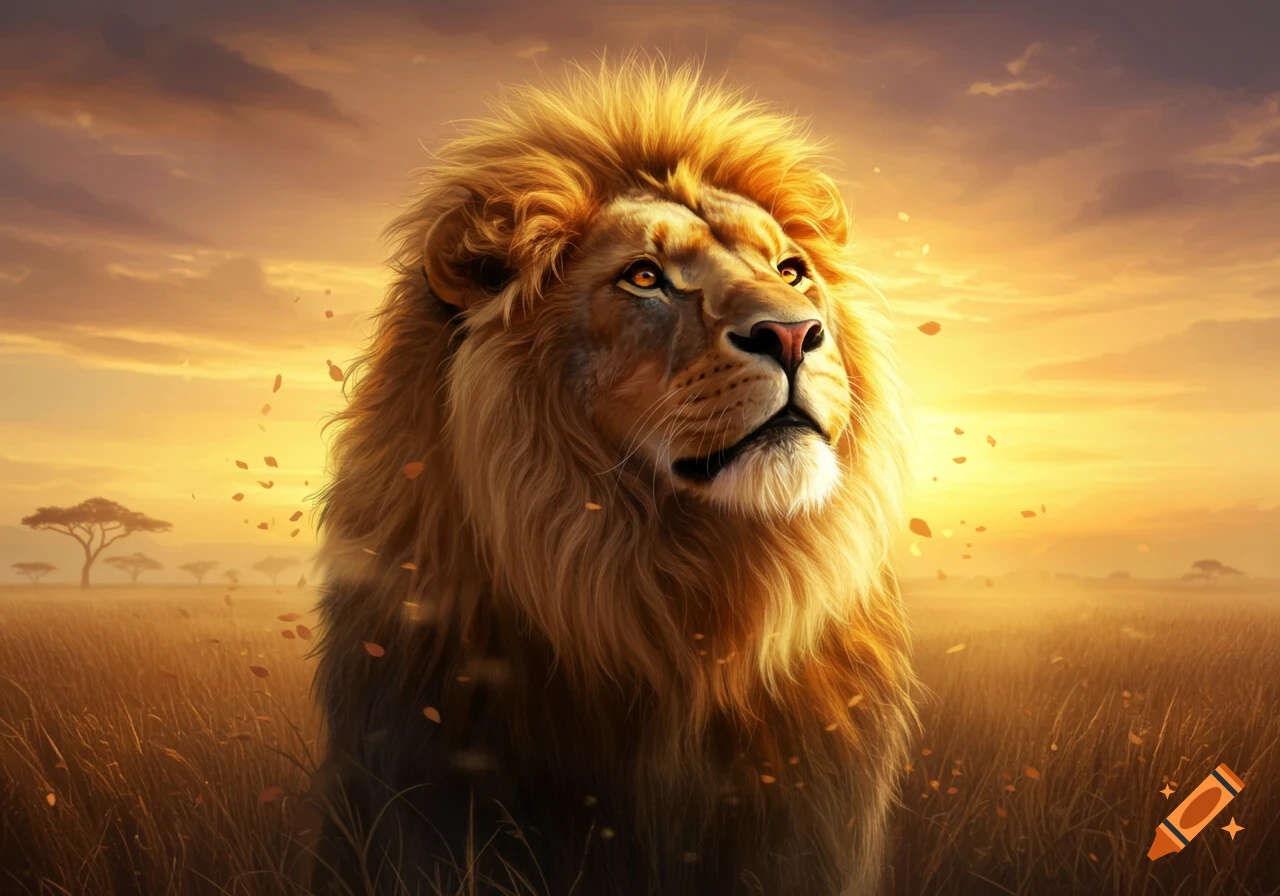 A majestic lion with a golden mane looks up, standing in tall grass in a savanna at sunset, with golden light and floating leaves.