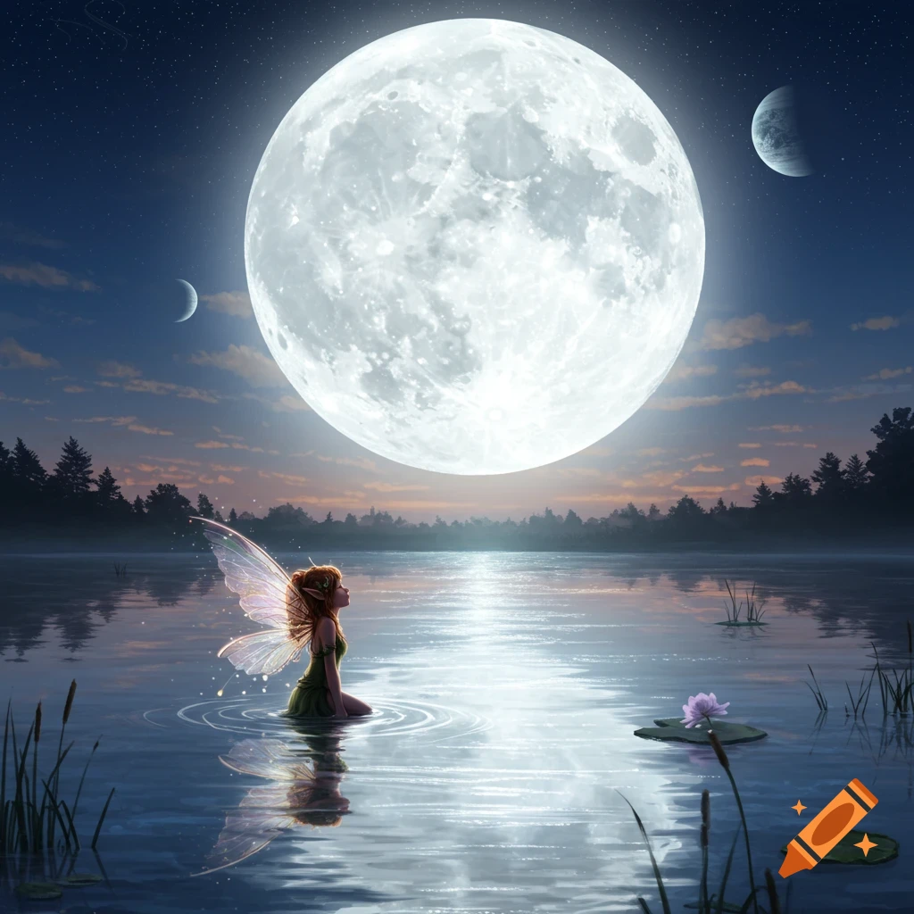 A fairy with wings kneeling in a pond under a giant glowing full moon with other planets in the night sky, surrounded by trees.