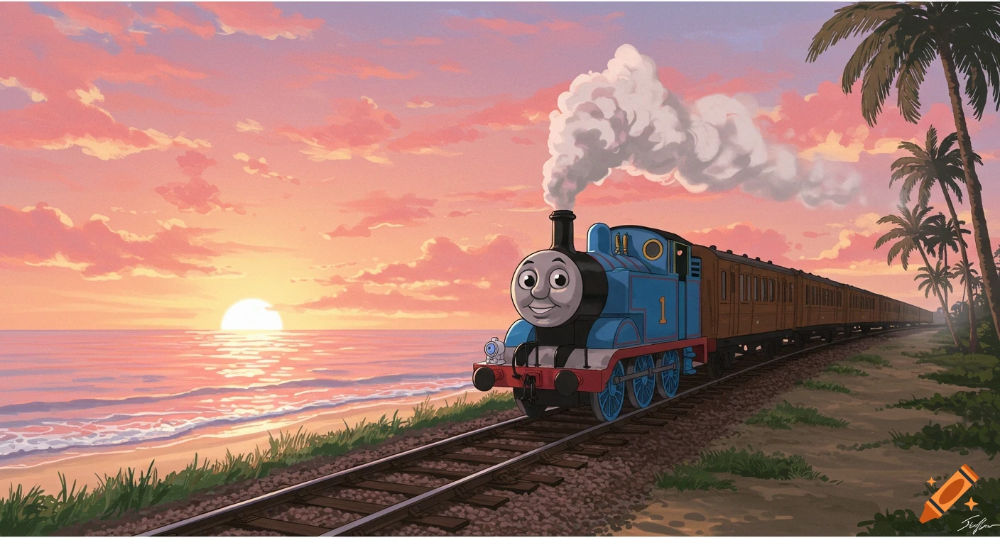Thomas the Tank Engine on railroad tracks beside a sunset beach with palm trees, depicted in a lofi anime style.