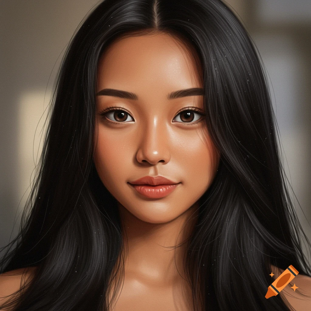 Close-up digital portrait of a young woman with long black hair, tan skin, and round brown eyes, looking directly at the viewer.