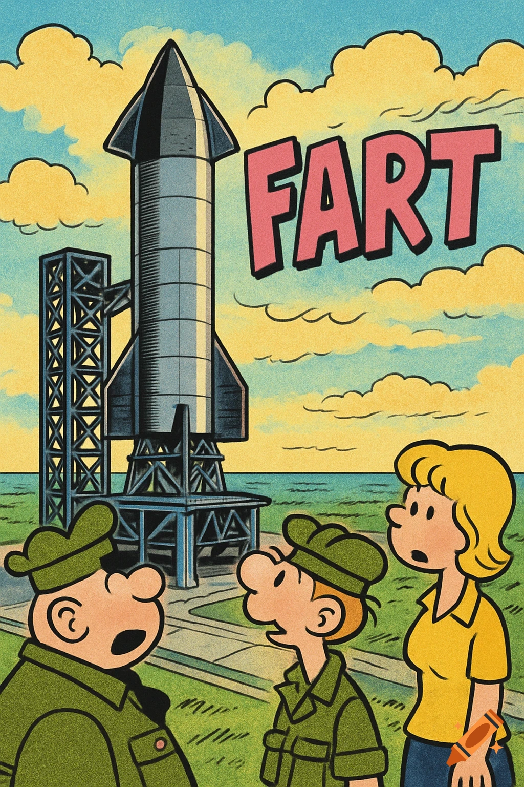Comic panel of two men and a woman looking up at a rocket on a launchpad with 'FART' in the sky.