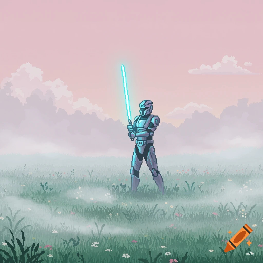 A pixel art hero in futuristic armor holds a blue lightsaber in a misty, flower-filled meadow under a pink sky.
