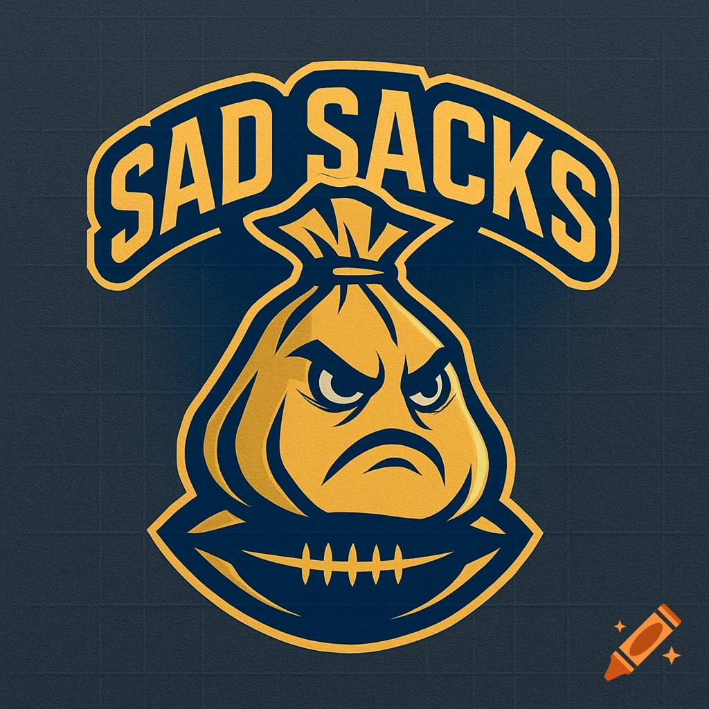 A blue and gold cartoon logo for 'SAD SACKS' depicting an angry money bag with a stitched mouth.