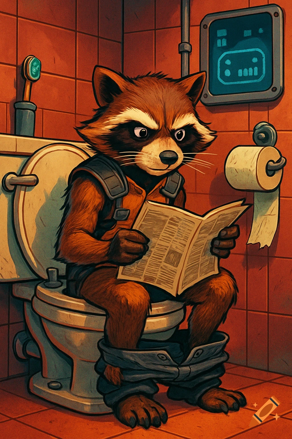 A comic-style Rocket Raccoon sits on a toilet with his pants lowered, reading a newspaper in a tiled bathroom.