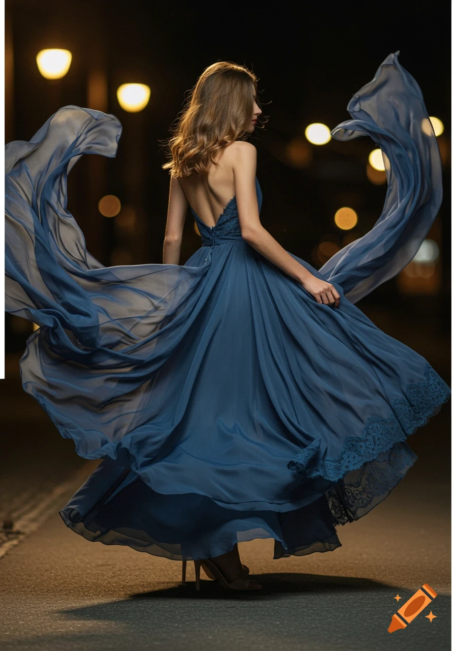Woman in a flowing blue dress walking at night, seen from behind, with hair gently tousled by movement.