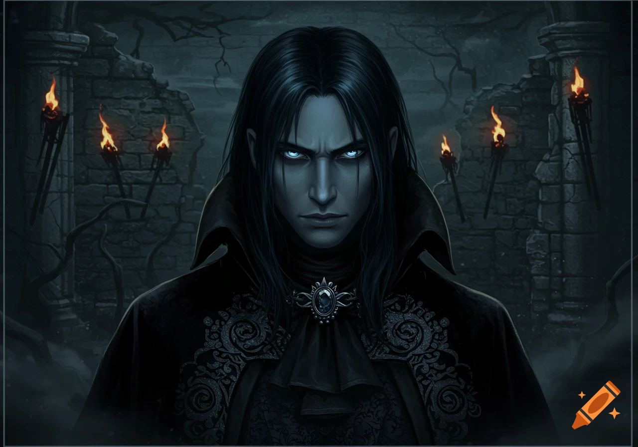 Dark-haired man with glowing blue eyes in a gothic coat stands before torch-lit ruins.
