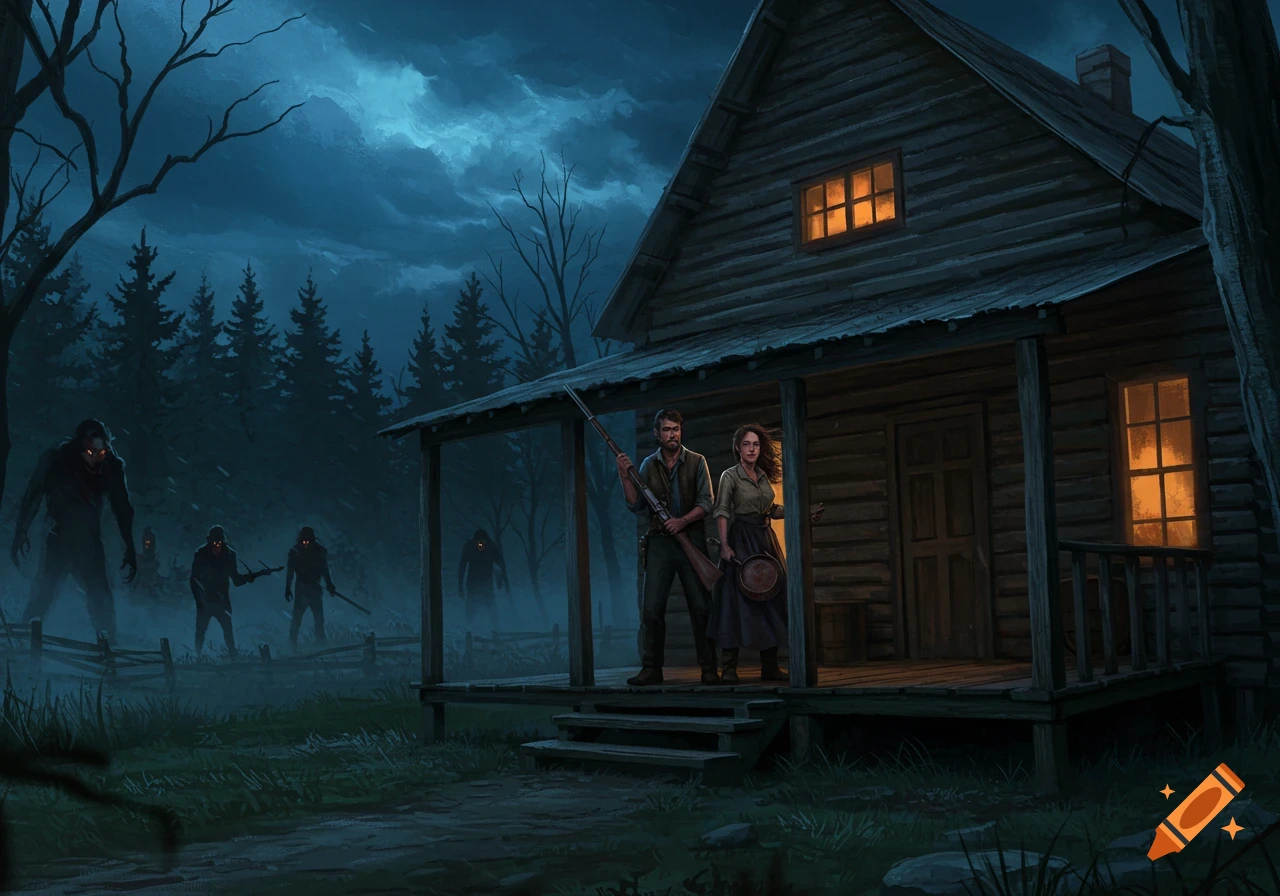 A man with a rifle and a woman with a pan defend a log cabin from shadowy, red-eyed monsters in a dark forest at night. Dark fantasy art style.