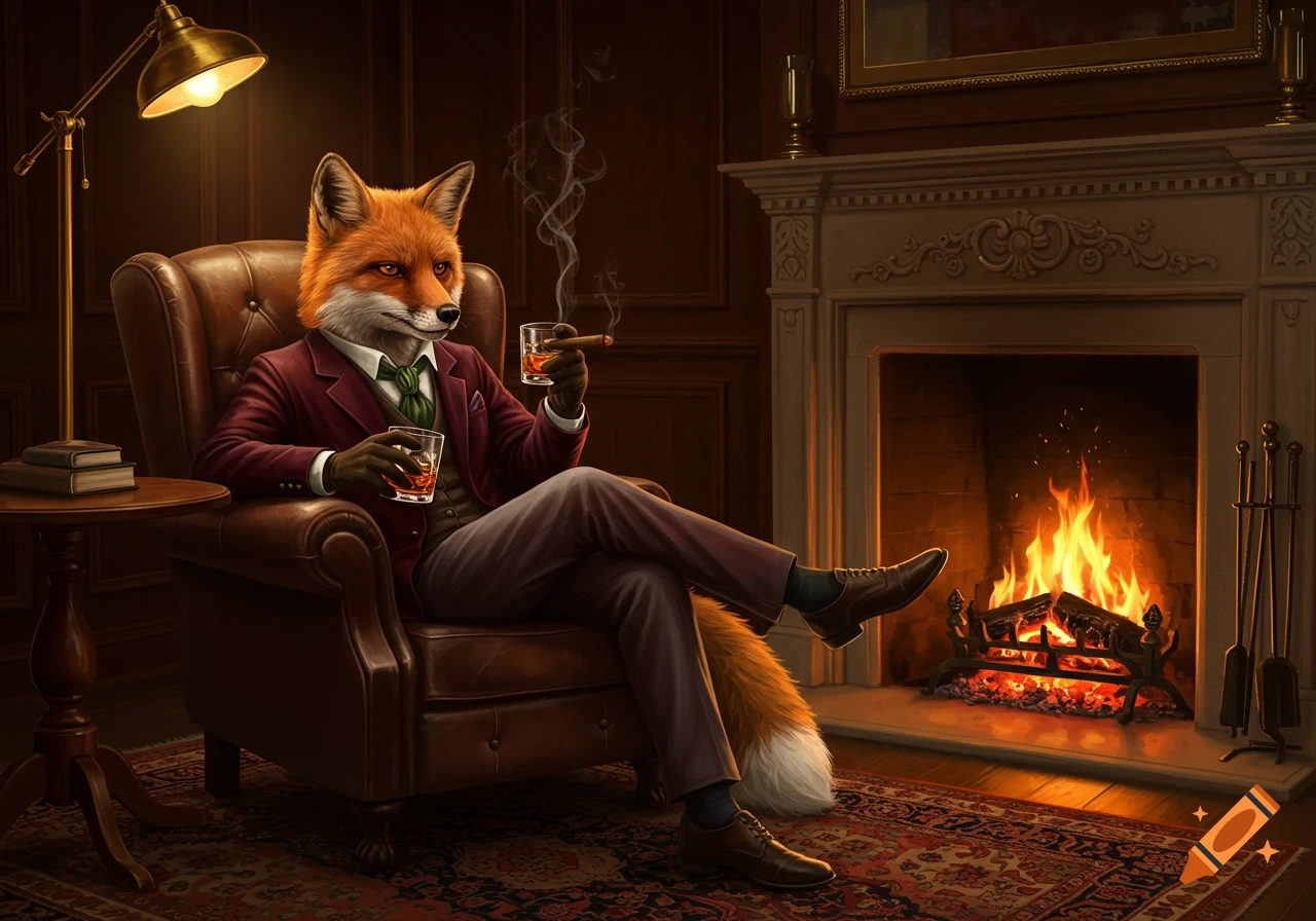 Dapper anthropomorphic fox in a suit sits in a leather armchair by a fireplace, smoking a cigar and sipping whiskey.