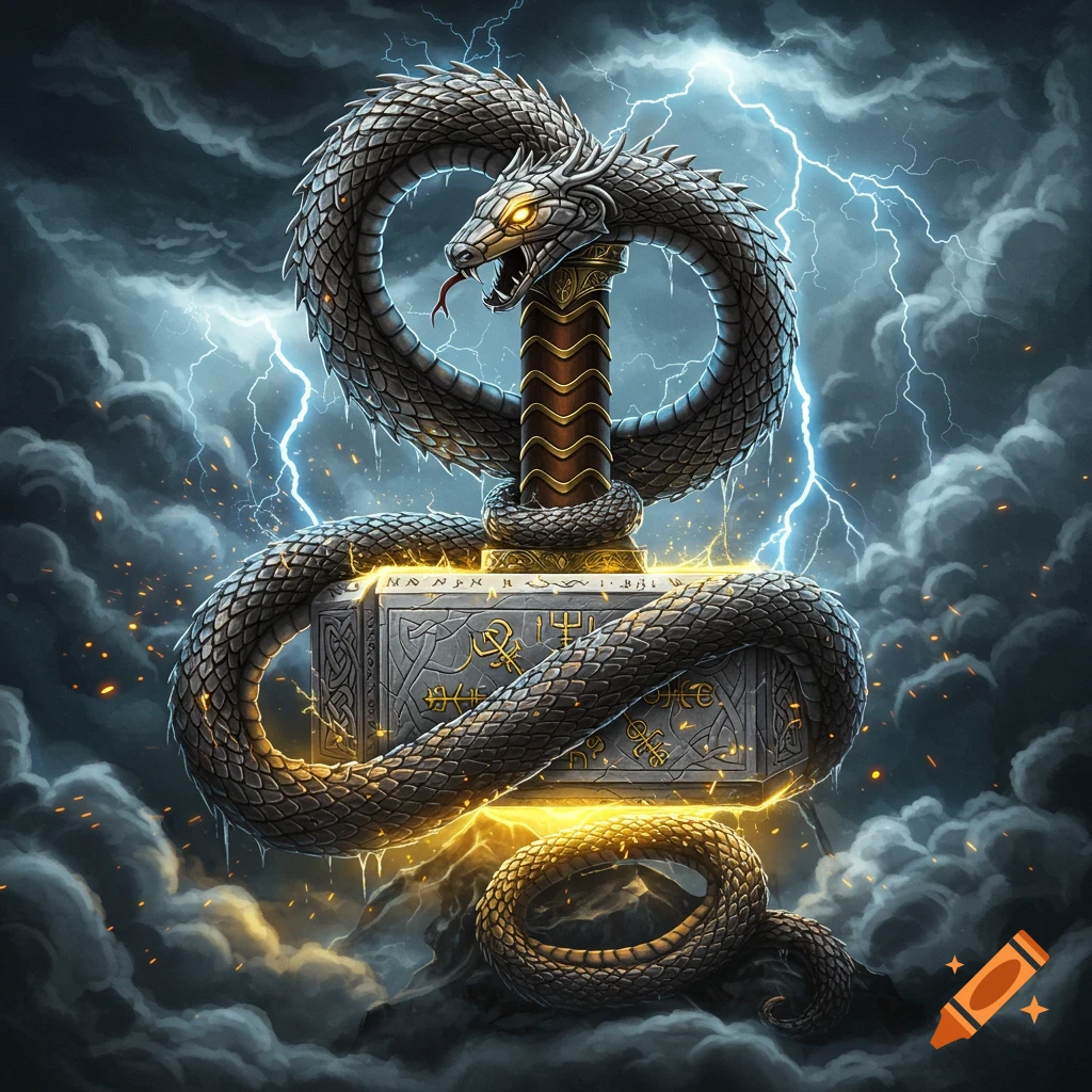 A powerful grey snake with glowing eyes coiled around Thor's hammer, Mjolnir, amidst a stormy sky with bright lightning bolts.
