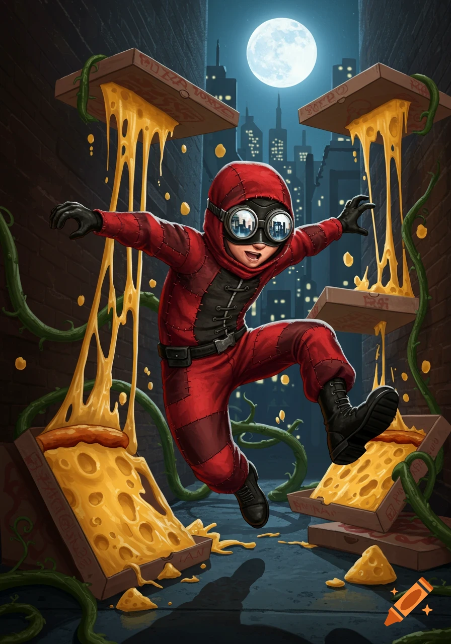 A child-like vigilante in a red suit and goggles jumps mid-air in a city alley at night, surrounded by pizza boxes spilling gooey cheese.