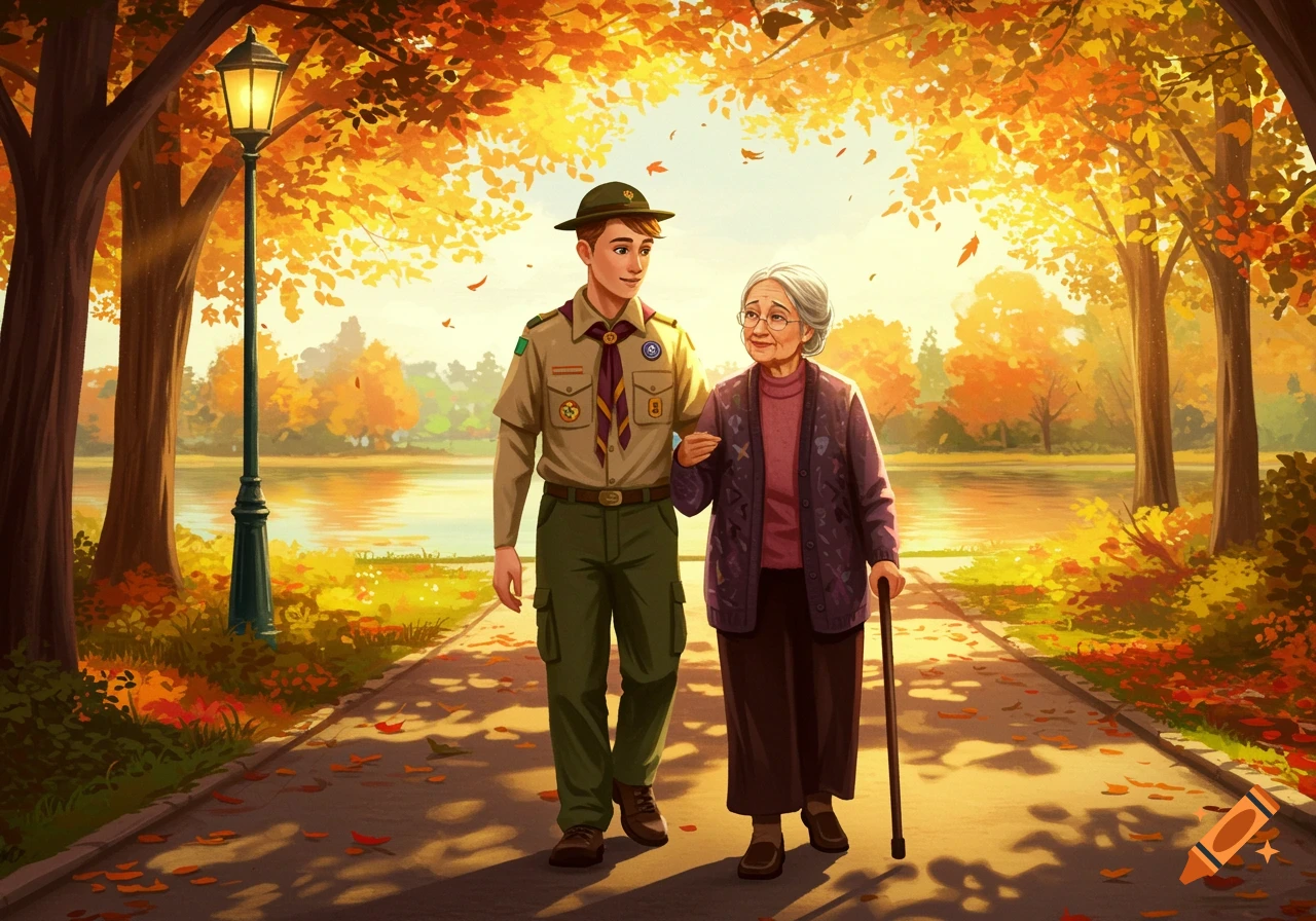 An illustrated young boy scout helps an elderly woman walk on a path in a vibrant autumn park.