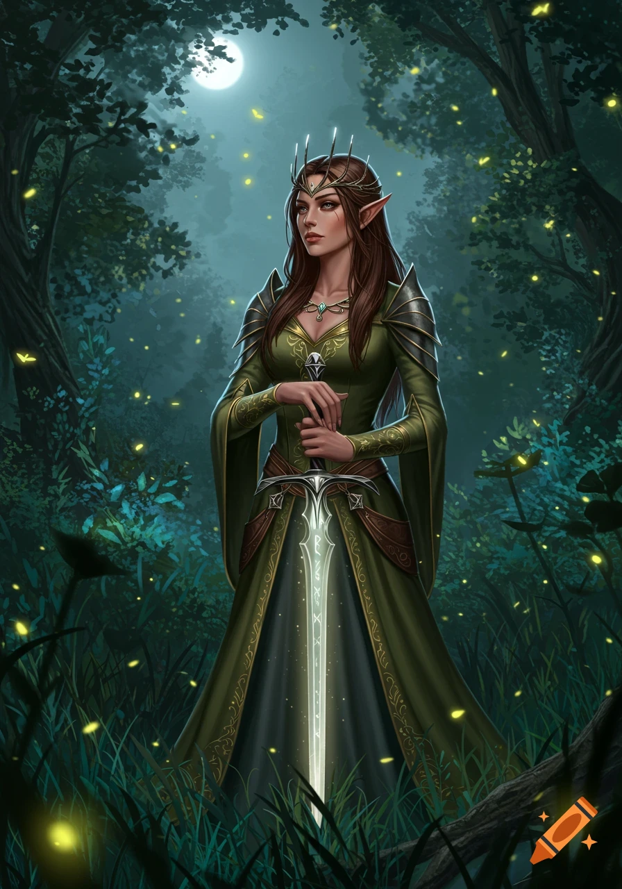 An elf queen with long brown hair, wearing a green dress and armor, holding a glowing sword in a moonlit forest with fireflies, digital art.