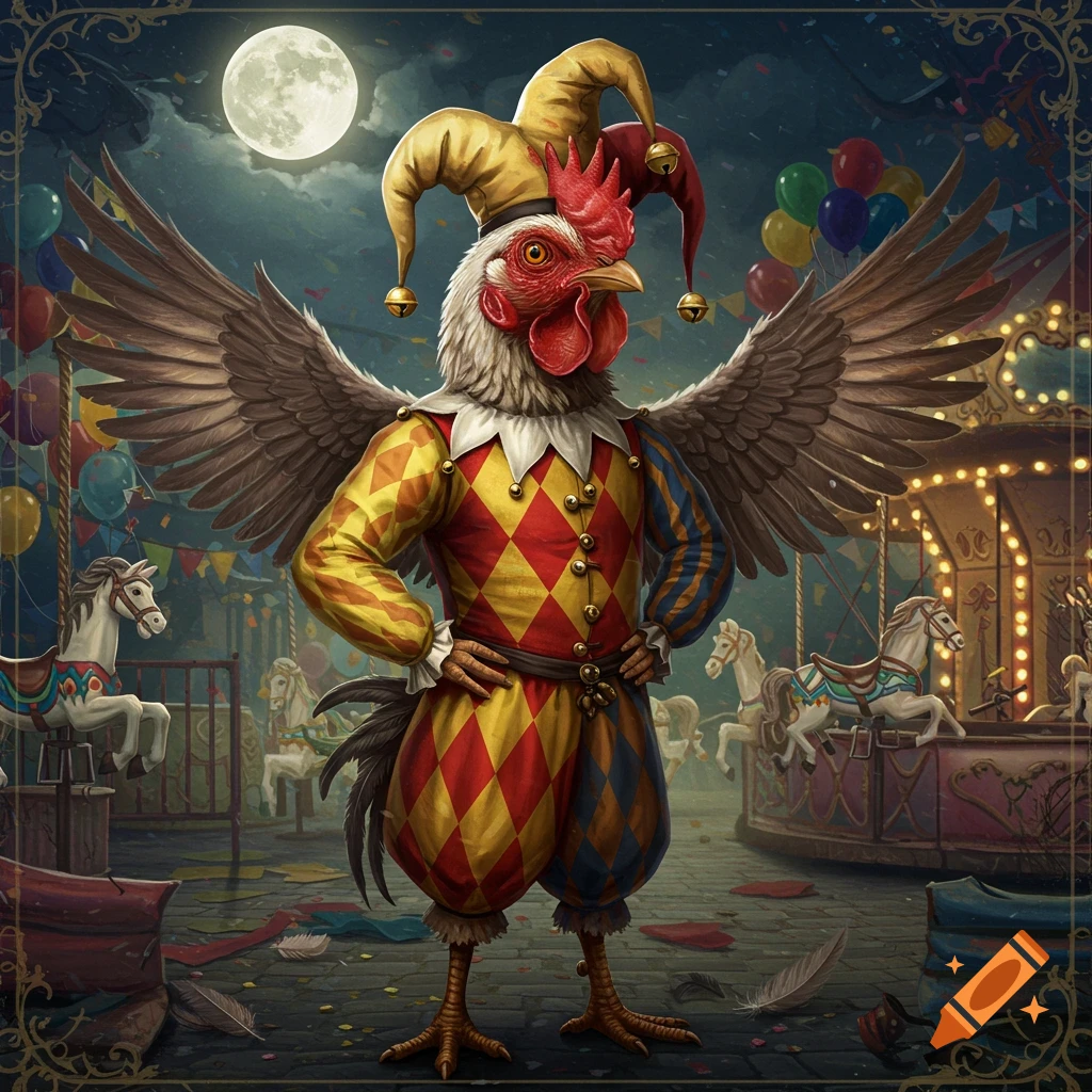 A rooster-headed man with large wings, wearing a colorful harlequin costume, stands in an abandoned carnival at night under a full moon.