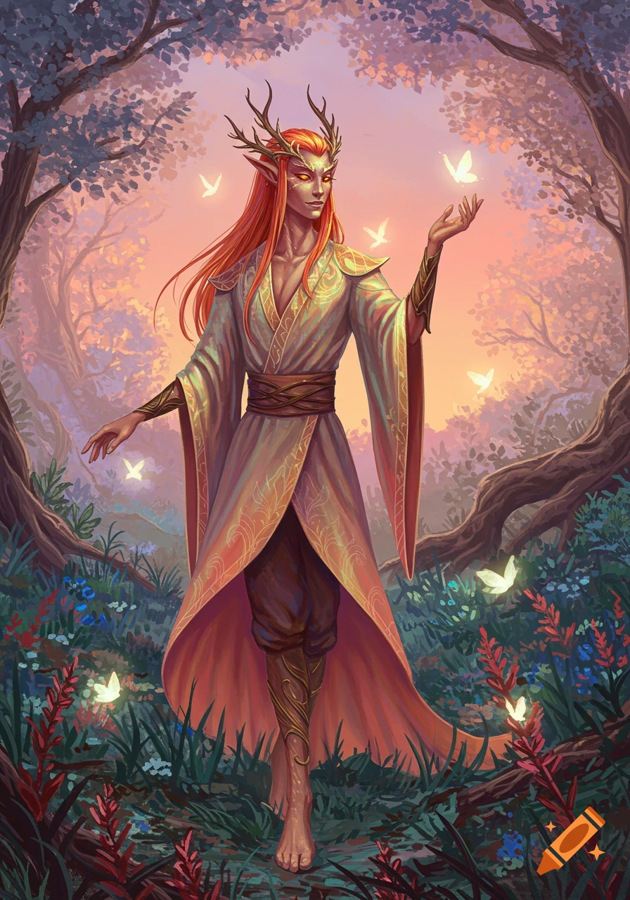 A red-haired Eladrin with antlers and glowing eyes stands in a magical forest at sunset, surrounded by luminous butterflies.