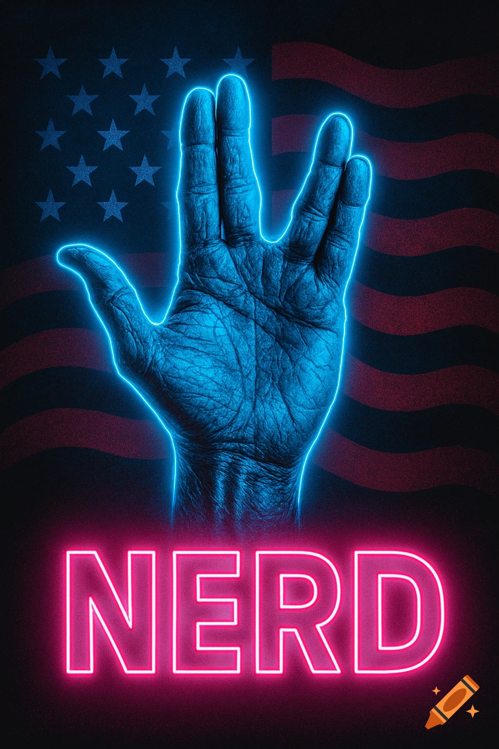 A weathered hand making a blue neon Vulcan salute against a stylized American flag, with 'NERD' in pink neon below. Retro-futuristic style.