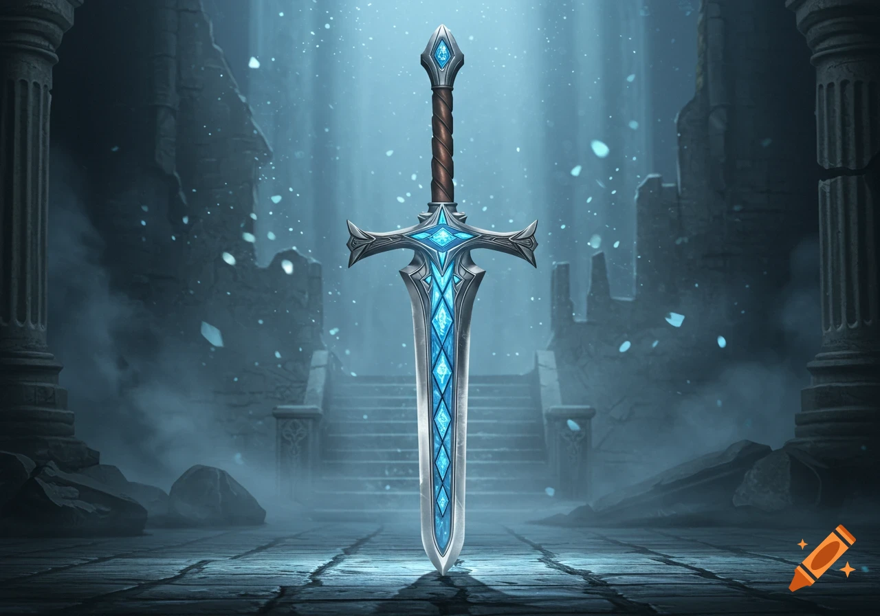 A majestic silver greatsword with a blade inlaid with glowing blue diamond-stained glass, standing upright in ancient, misty ruins with light particles falling.