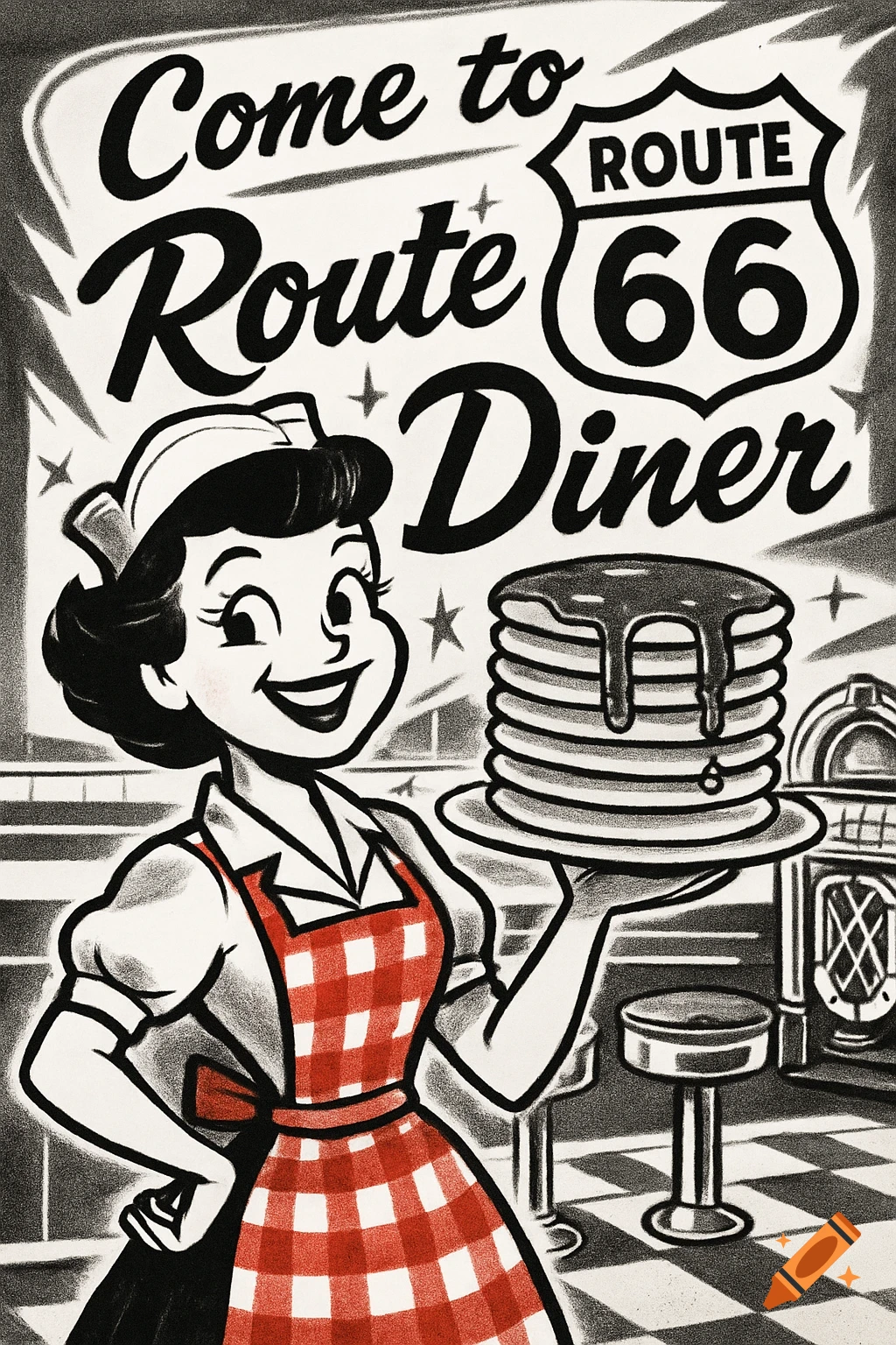 Black and white retro cartoon of a smiling waitress in a red checkered apron holding a stack of pancakes, with 'Come to Route 66 Diner' text.