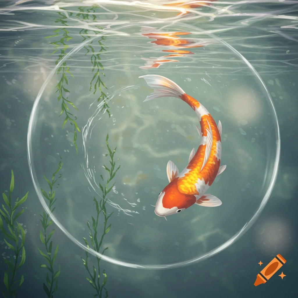A vibrant orange and white koi fish swims in a clear circular fish tank, submerged in green water with plants.
