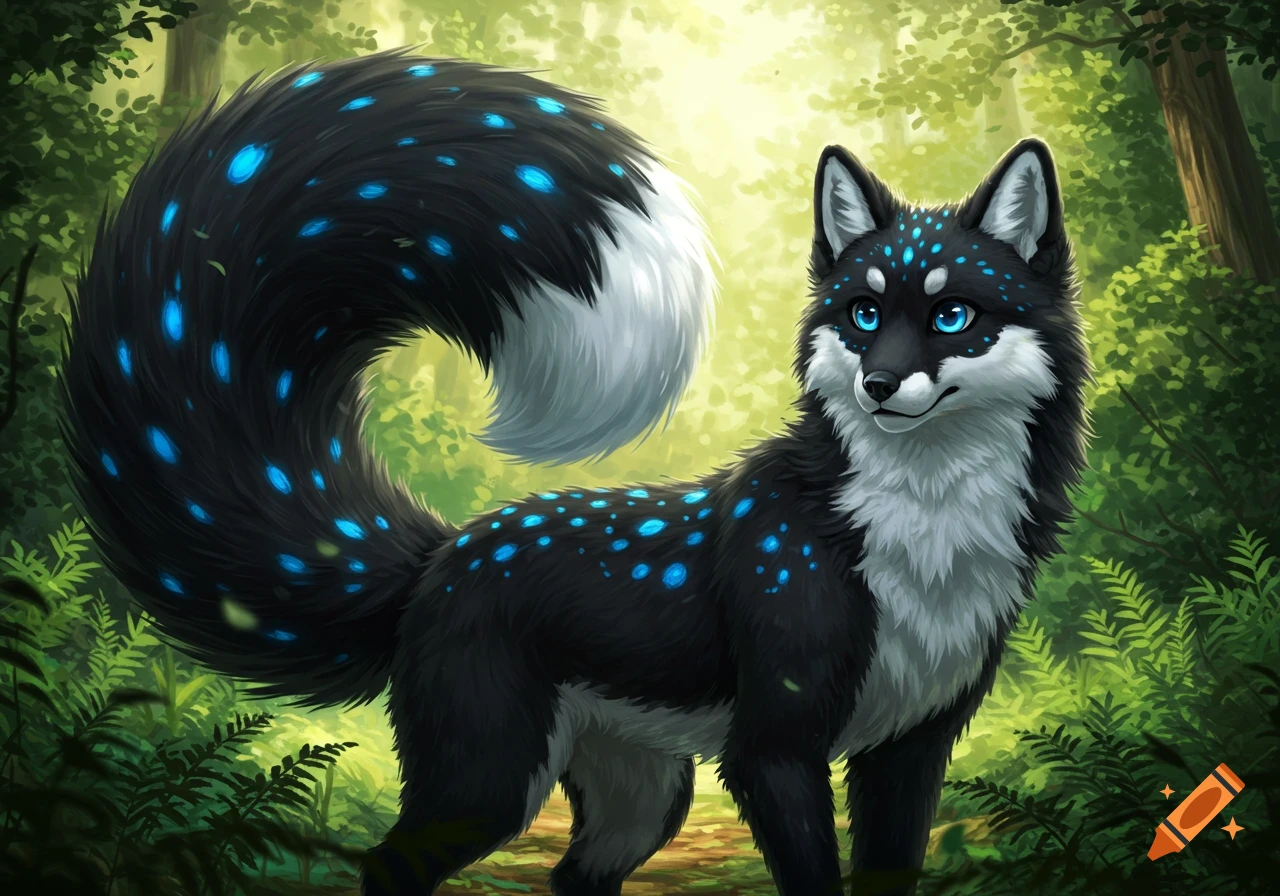 A black fox-husky hybrid furry with glowing blue spots, a white belly, and blue eyes stands in a lush green forest.