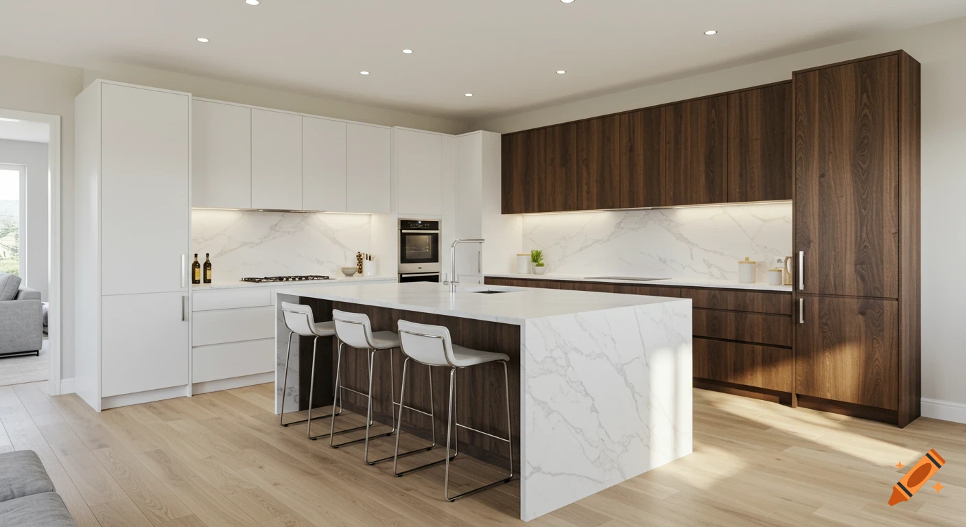 Photorealistic modern kitchen with a large marble island, white and dark wood cabinets, light wood floor, and integrated appliances.