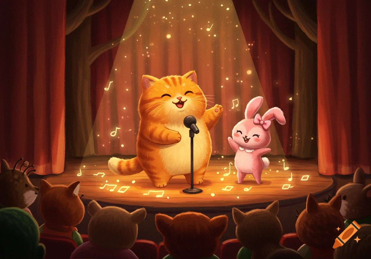 A cute ginger cat sings into a microphone on a brightly lit stage, with a pink bunny dancing next to it, observed by an animal audience.
