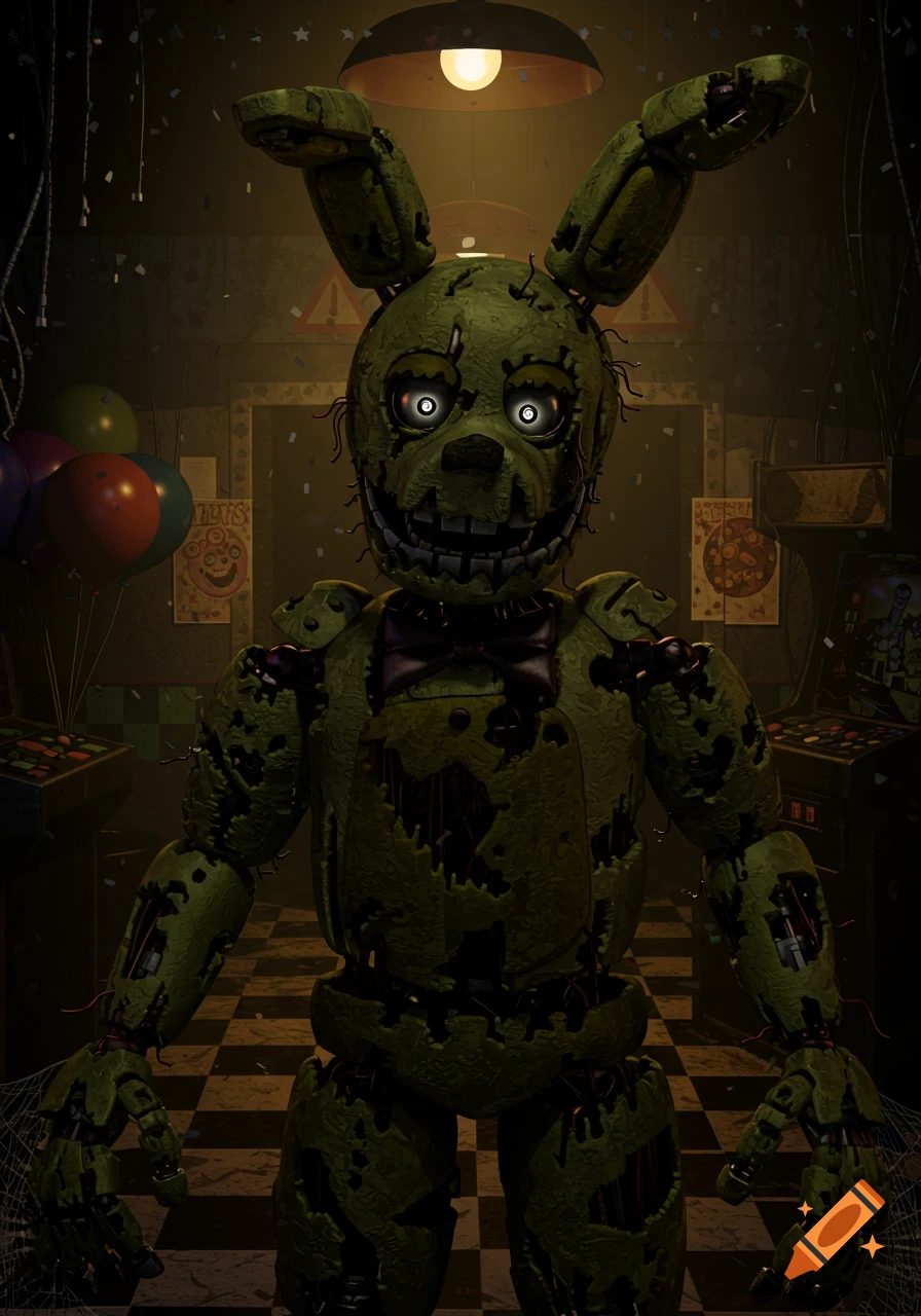 A terrifying, green, decaying animatronic rabbit with glowing eyes, Springtrap, stands in a dark, disheveled room with party balloons.