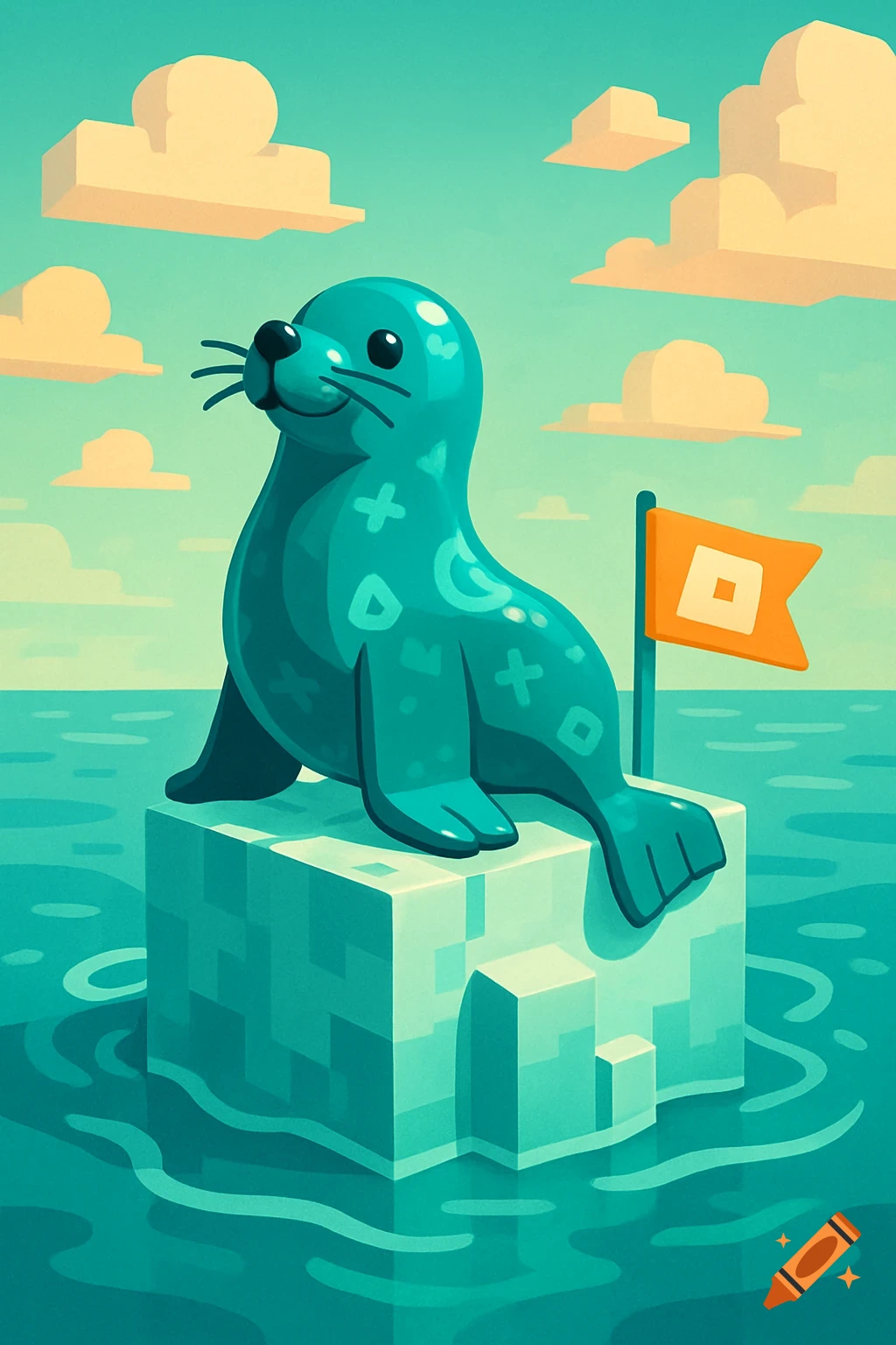 A stylized teal seal with geometric patterns sits on a blocky iceberg in a blue ocean, under a sky with blocky clouds, next to an orange flag.