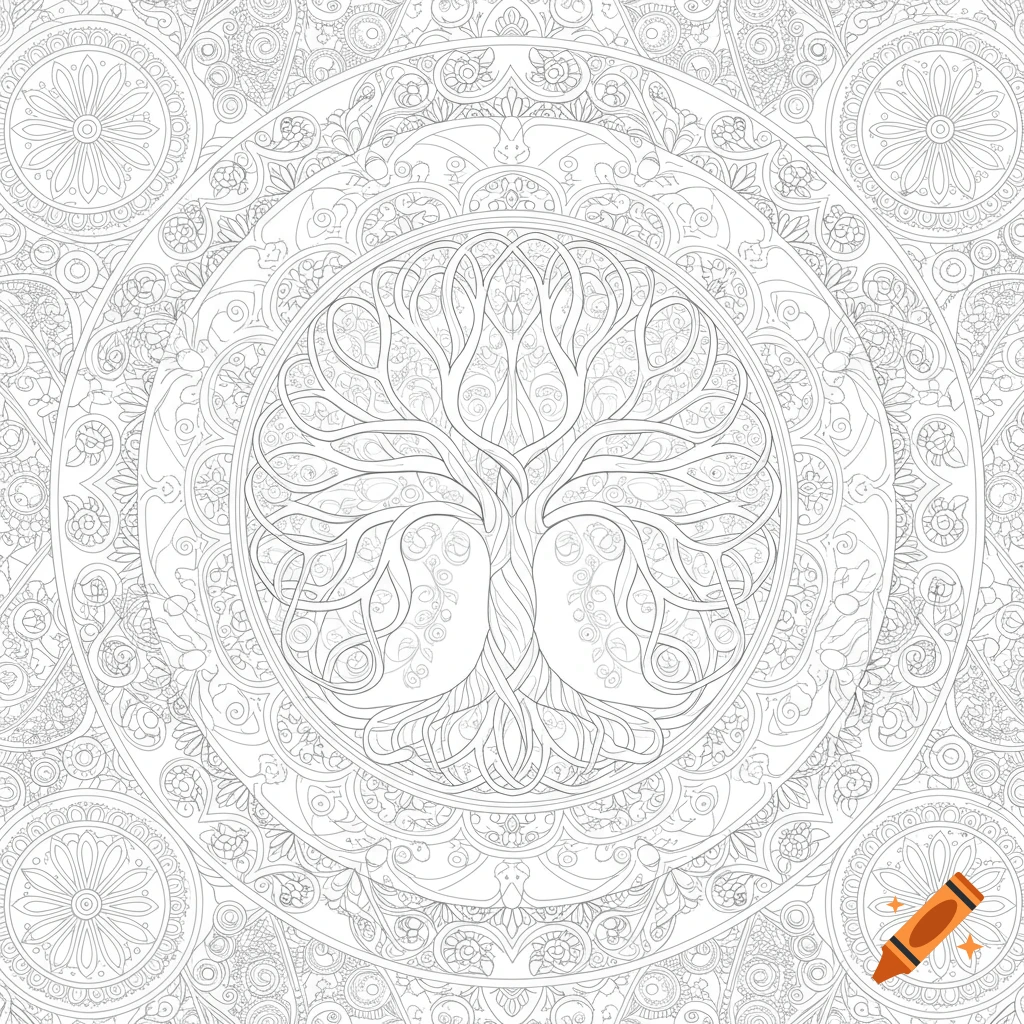 Intricate black and white line art mandala with a tree of life at its center, surrounded by floral and circular patterns, for coloring.