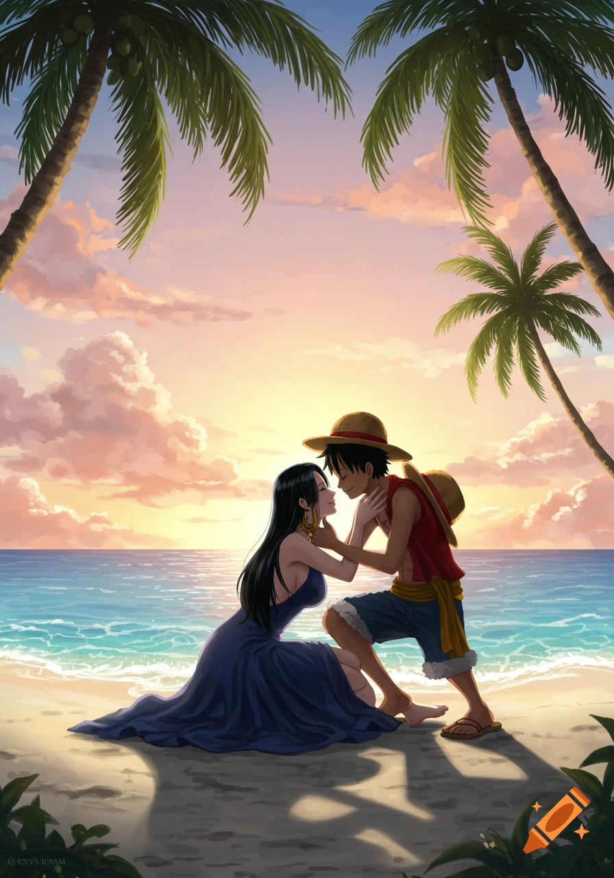 Anime characters Luffy and Hancock share a romantic moment on a tropical beach at sunset, with palm trees overhead.