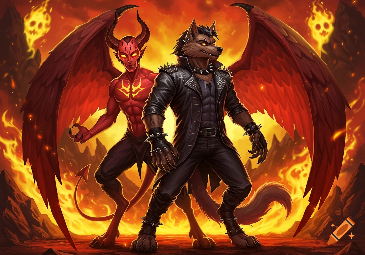 A cartoon devil and a wolf-like hellhound in a fiery, hellish landscape.  The devil is red with horns and wings, the hellhound wears a black leather  jacket. on Craiyon, image size:1280x896