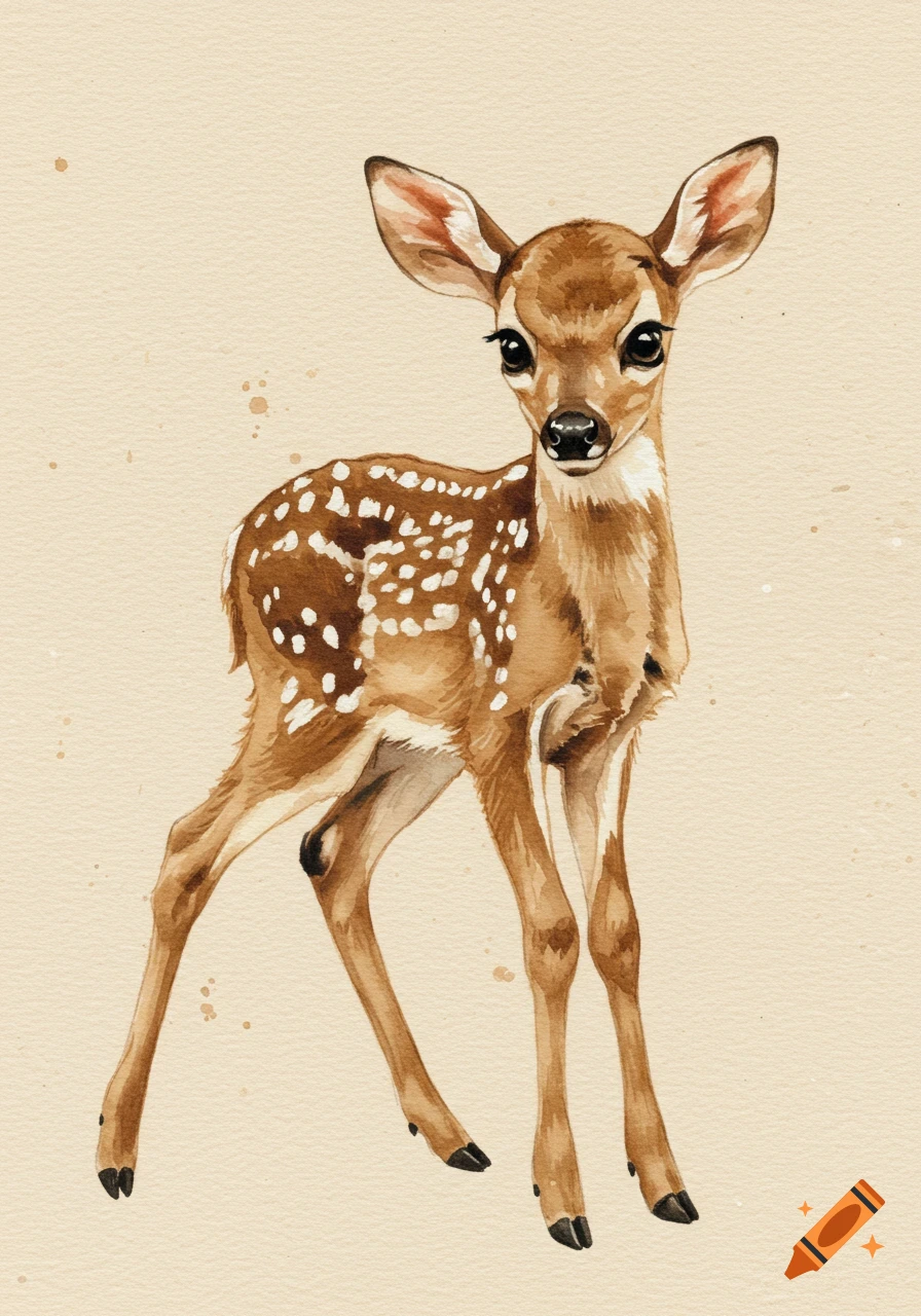 A cute watercolor illustration of a baby fawn with white spots standing on a light, plain background.