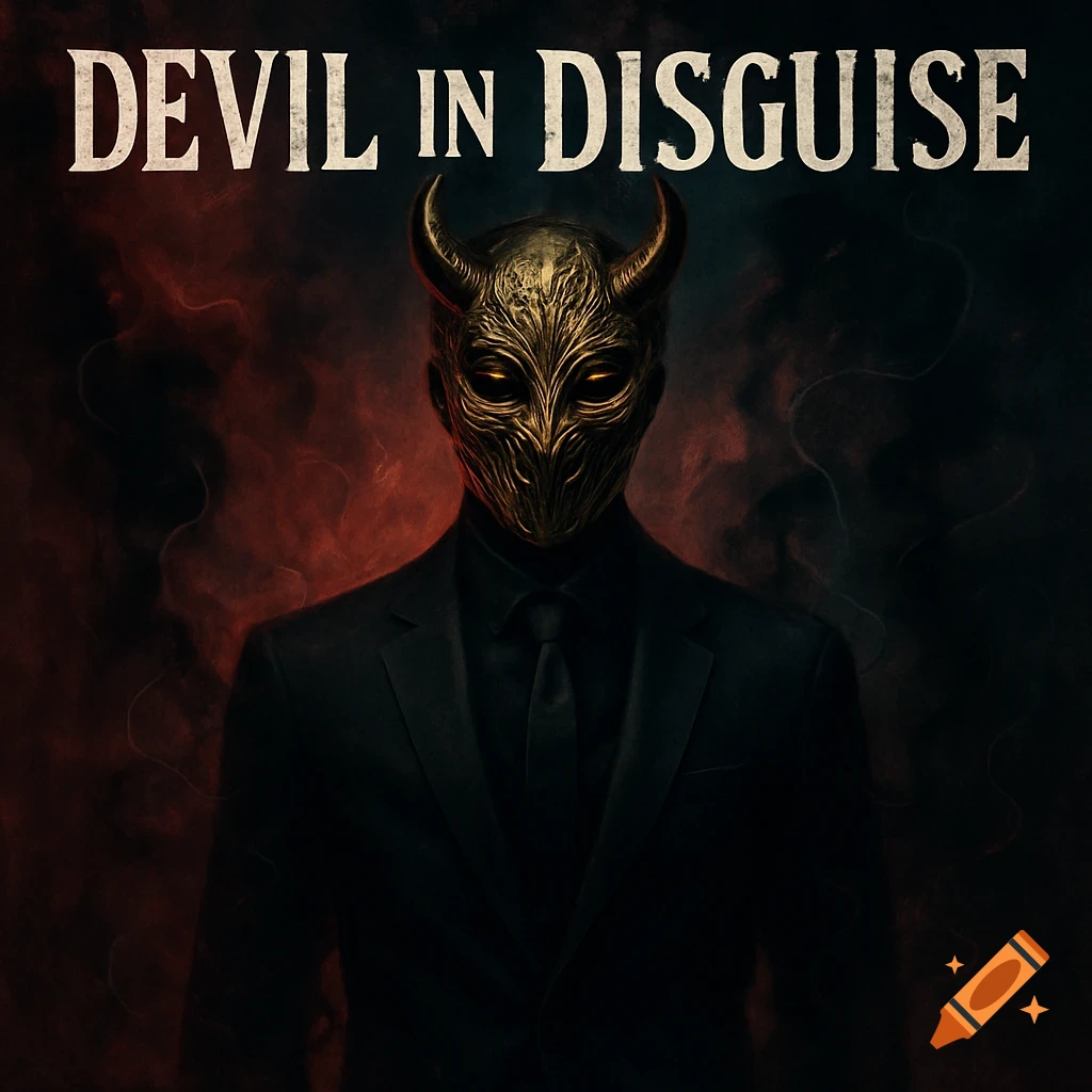 A man in a black suit wears a golden horned demon mask with glowing eyes against a smoky red background. Text: DEVIL IN DISGUISE.