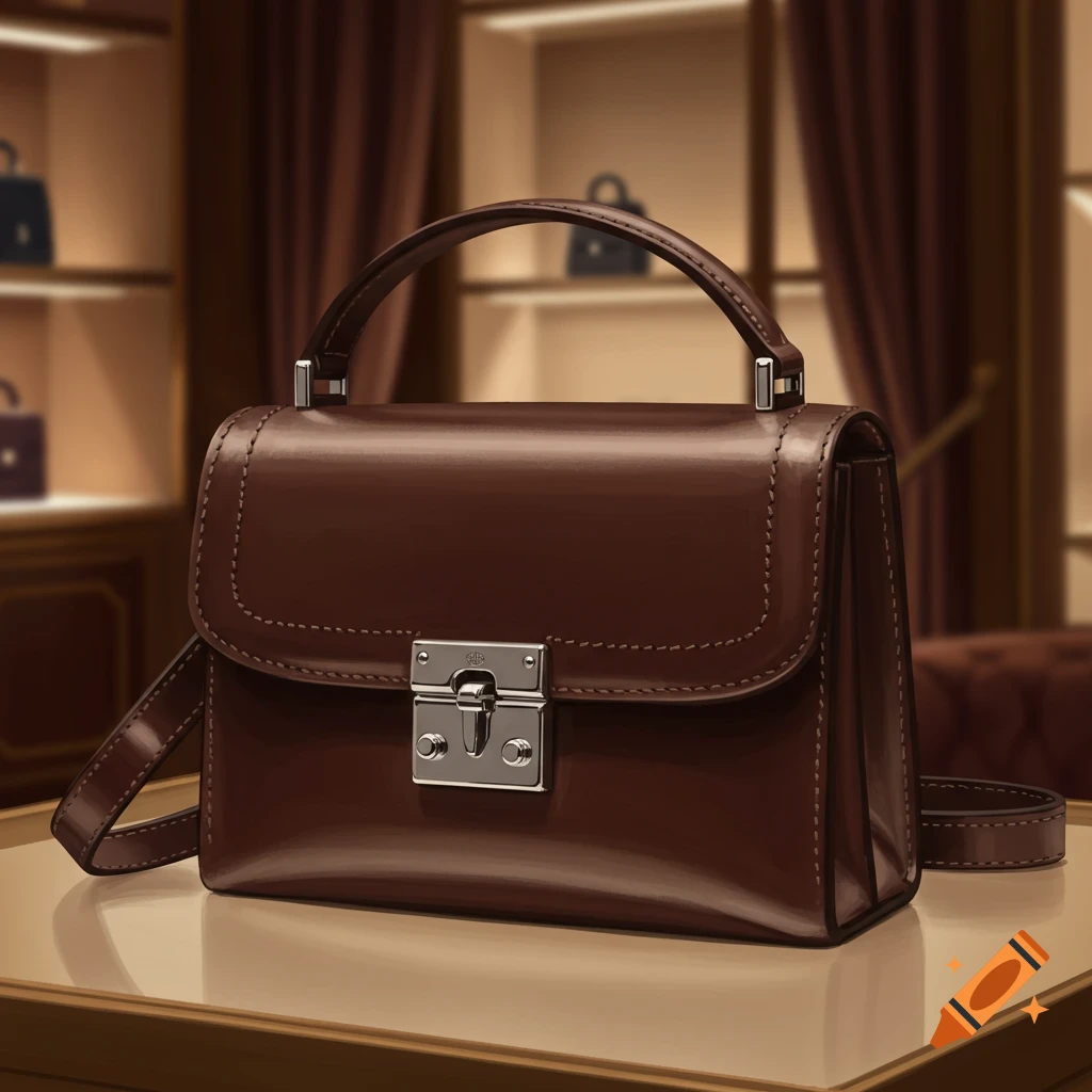 A polished brown leather handbag with silver hardware rests on a display table in a luxury store.