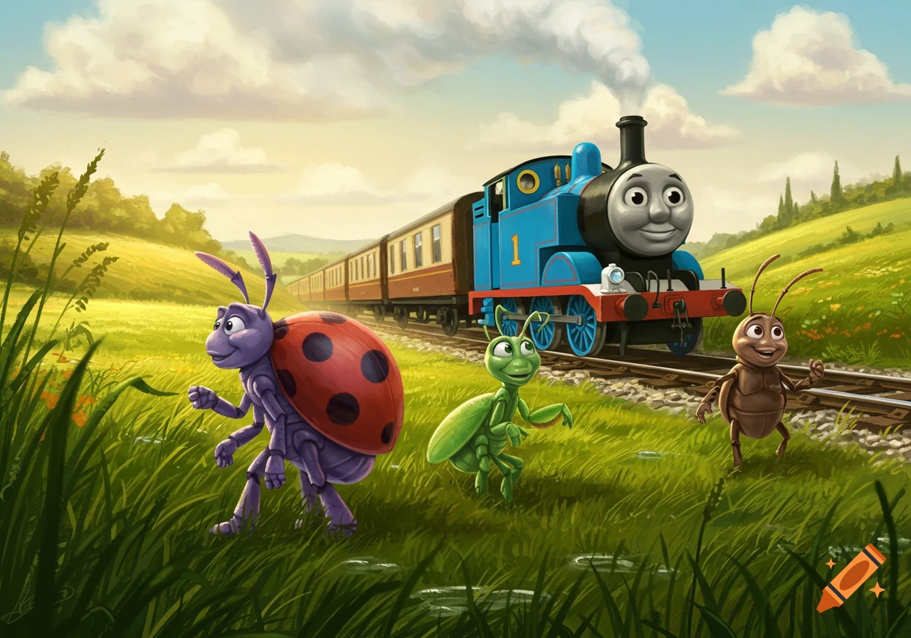 Cartoon image of Thomas the Tank Engine on tracks with Ladybug, Grasshopper, and Ant from A Bug's Life in a grassy field.