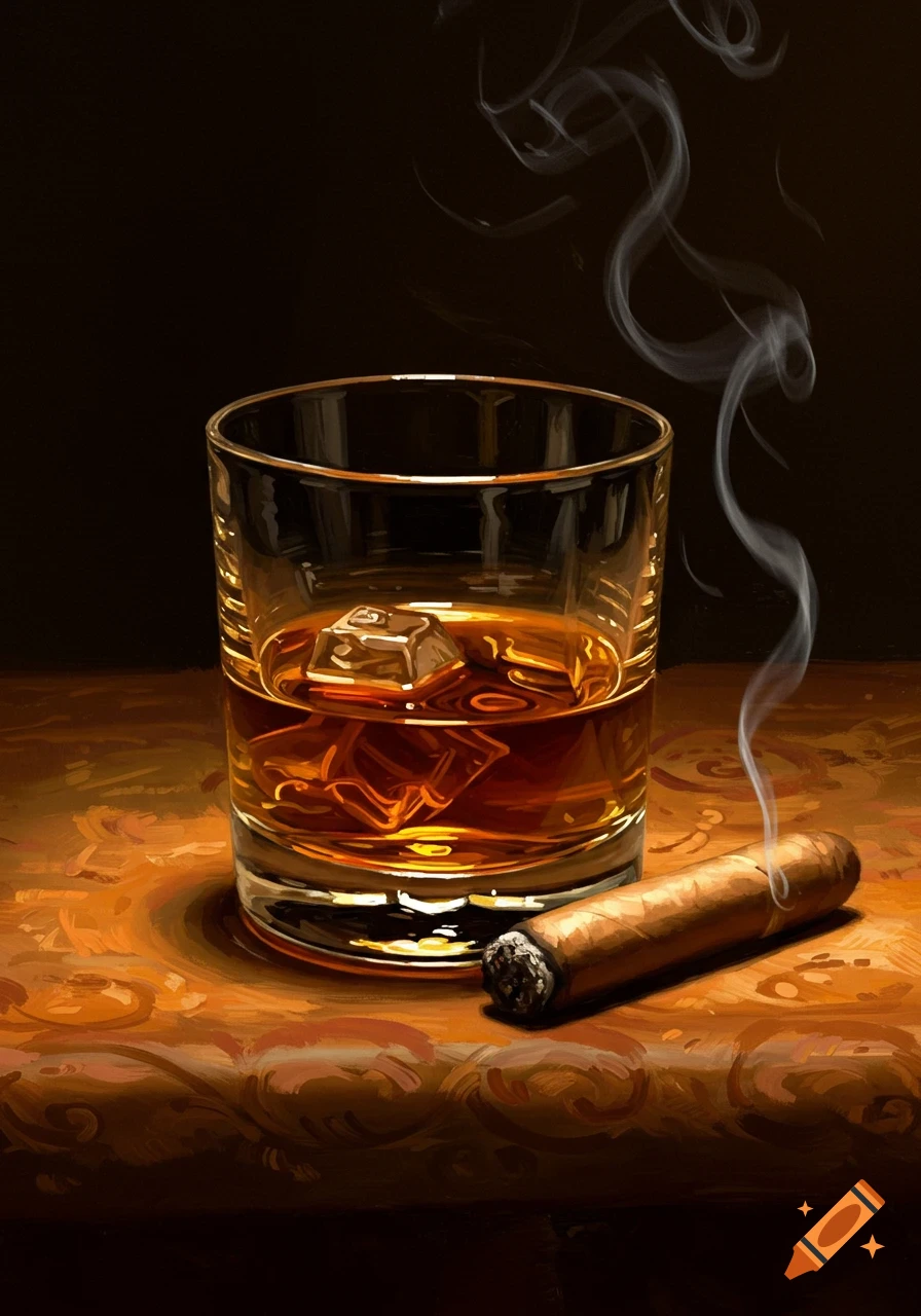 A still life painting of a glass of bourbon with ice and a lit cigar on a patterned table, with smoke rising.