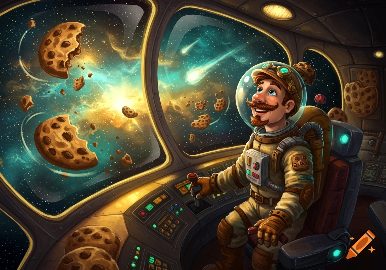 A happy, mustached cartoon astronaut in a spaceship looks out at space filled with giant floating chocolate chip cookies.