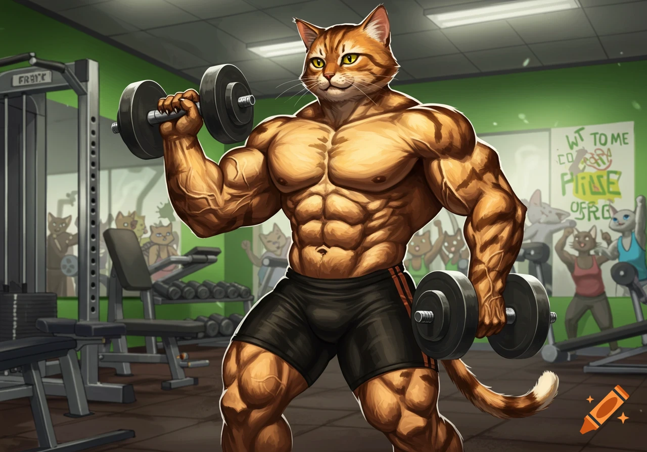 Muscular anthropomorphic orange tabby cat lifting dumbbells in a gym, with other cat-like figures working out in the background. Illustrated style.