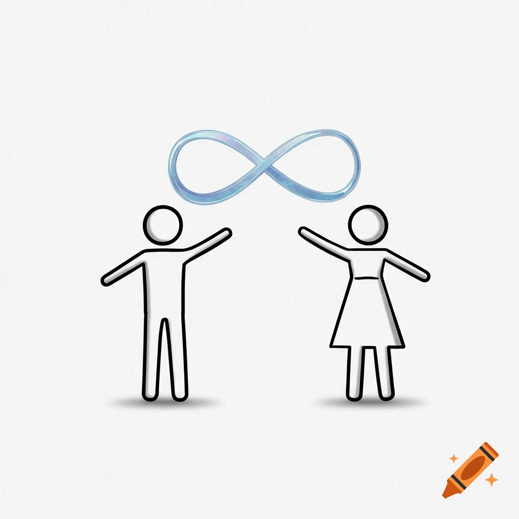 Minimalist illustration of a male and female stick figure raising hands towards a glowing infinity symbol.