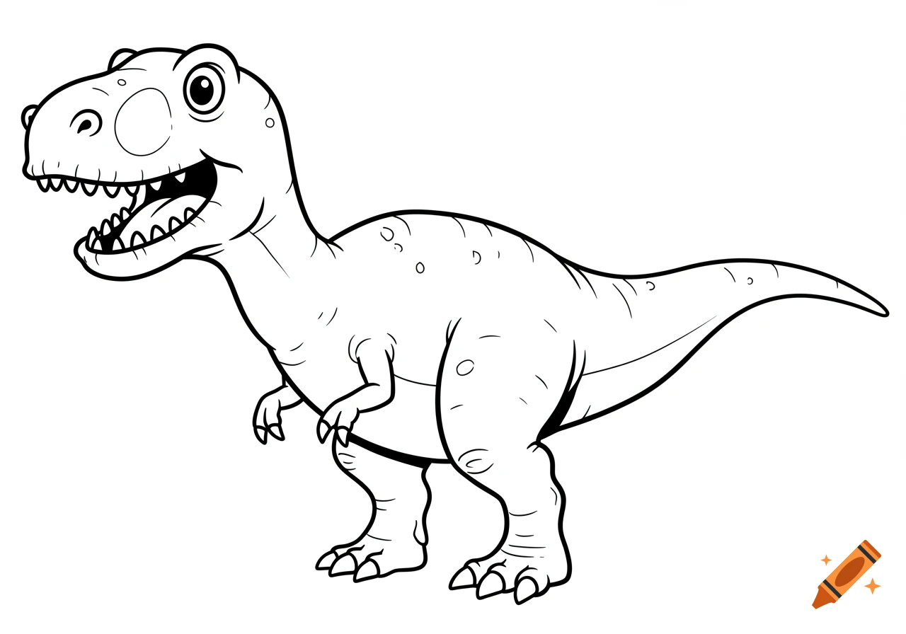 A black and white cartoon dinosaur, possibly an Allosaurus, standing with its mouth open, in a coloring page style.