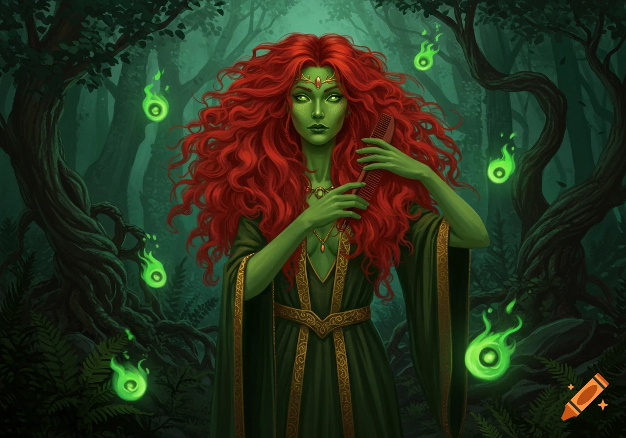 A fantasy illustration of a green-skinned woman with voluminous red hair, wearing a green gown, holding a comb in a dark, magical forest with glowing green orbs.