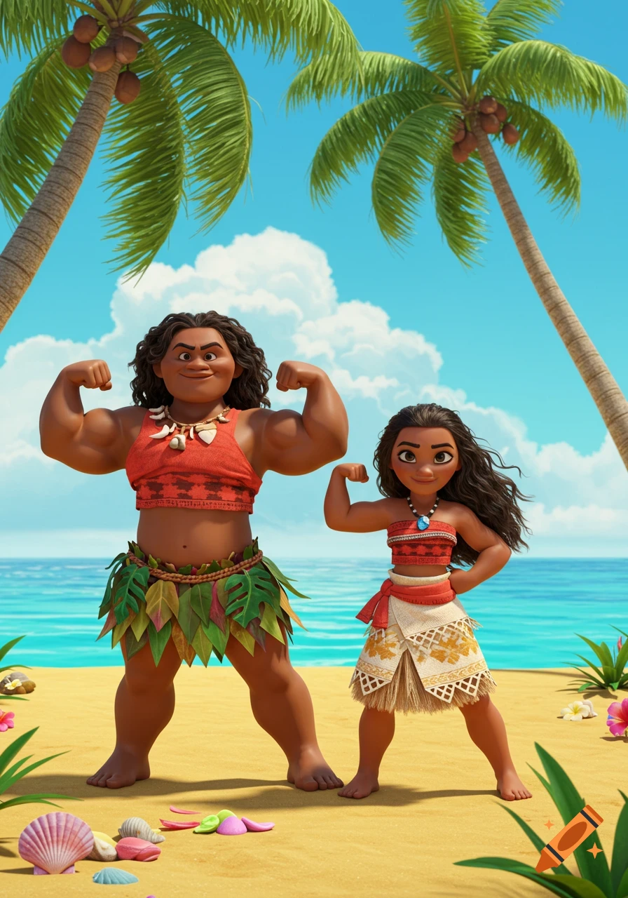 Moana's mom and Moana flex their muscles on a sunny tropical beach, rendered in a vibrant 3D cartoon style.