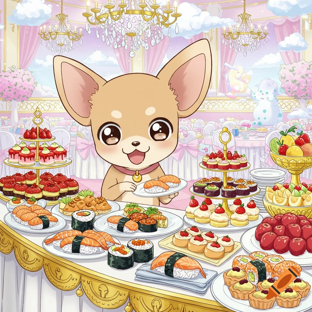 Anime tan chihuahua holding sushi at a lavish buffet with cakes, fruit, and sushi in a fancy pink room.
